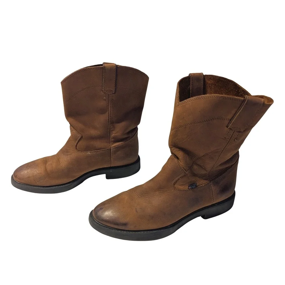 Justin Kids Sz 5.5D Aged Bark Work Boots Brown Leather Roper Cowboy Boots 4782Y
